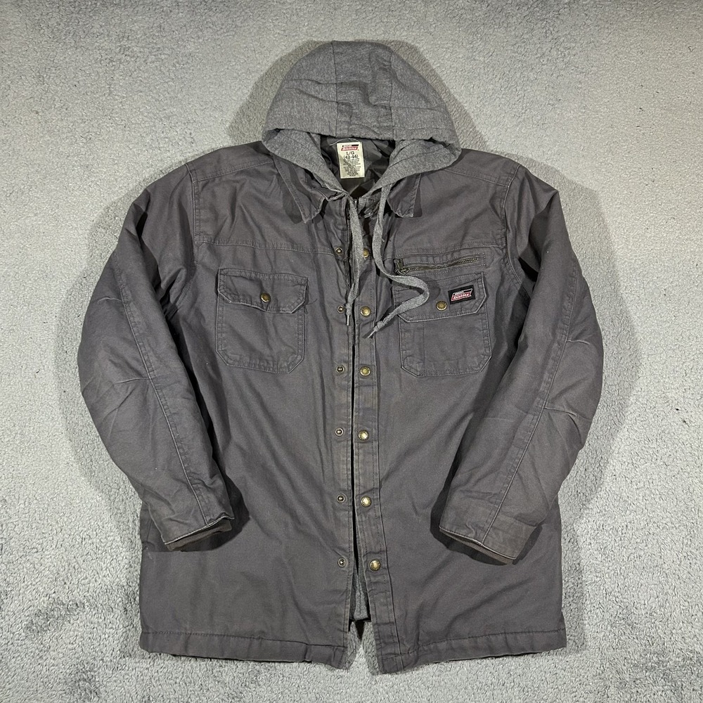 Dickies Hooded Shirt Jacket Men Large Gray Canvas Duck Fleece Lined Workwear